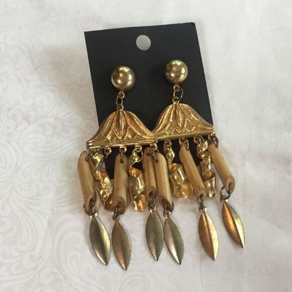Goldtone  and Bamboo Earrings - Picture 2 of 2